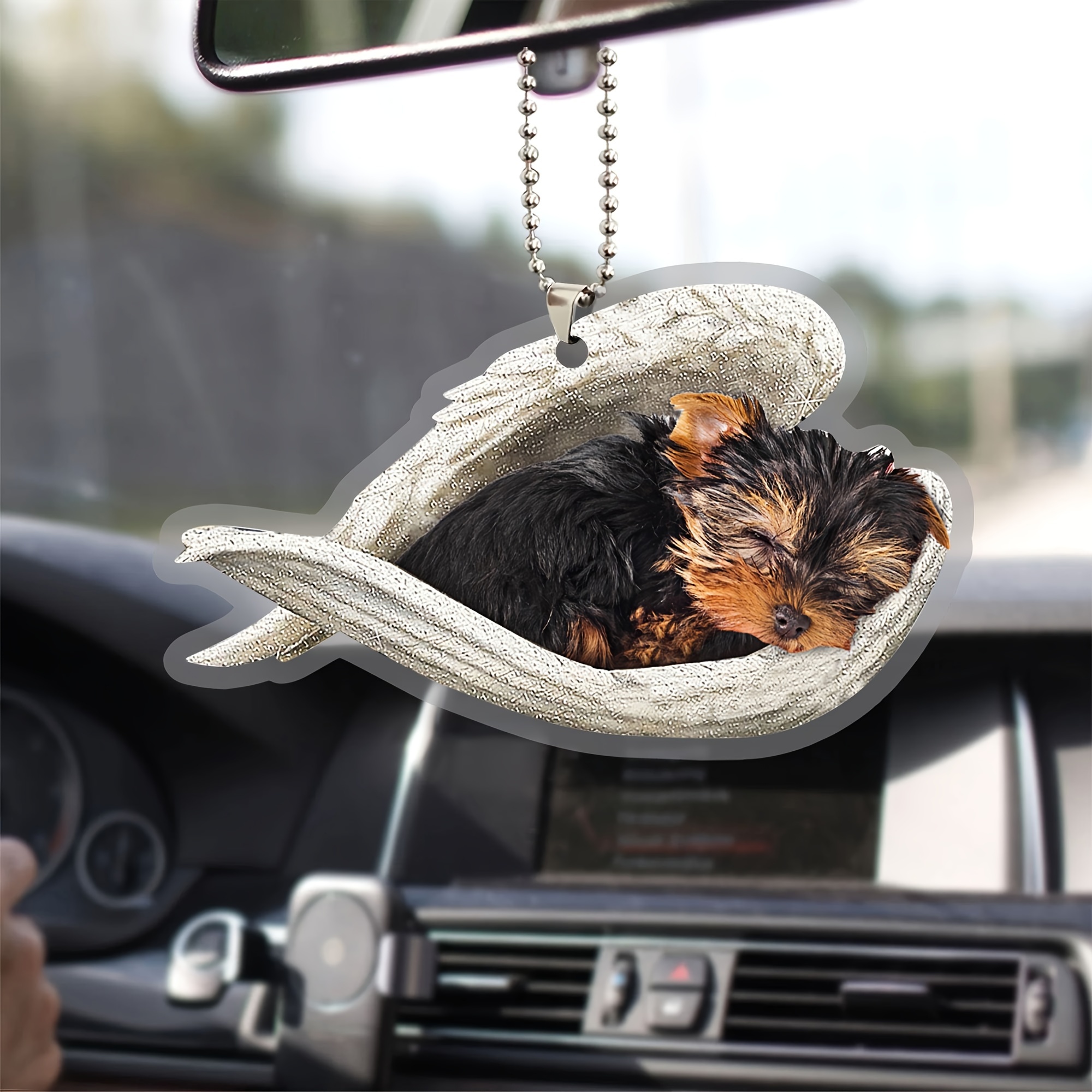 

1pc, Yorkshire Terrier Yorkie Sleeping Angel Wing Pet Dog Farmhouse Car Ornament, 2d Flat Car Rear View Mirror Accessories, Rearview Mirror Charm