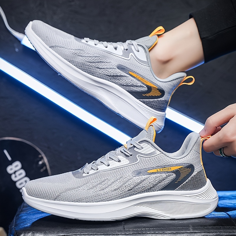 Men's Plus Size Breathable Lightweight Running Shoes - All-Season Casual Sneakers with Geometric/Yellow Stripe Design, Fabric Upper & MD Sole for Outdoor Activities, Modern Athletic Footwear, Comfortable EVA Insole, Geometric Design, Durable Construction, Fitness Enthusiasts