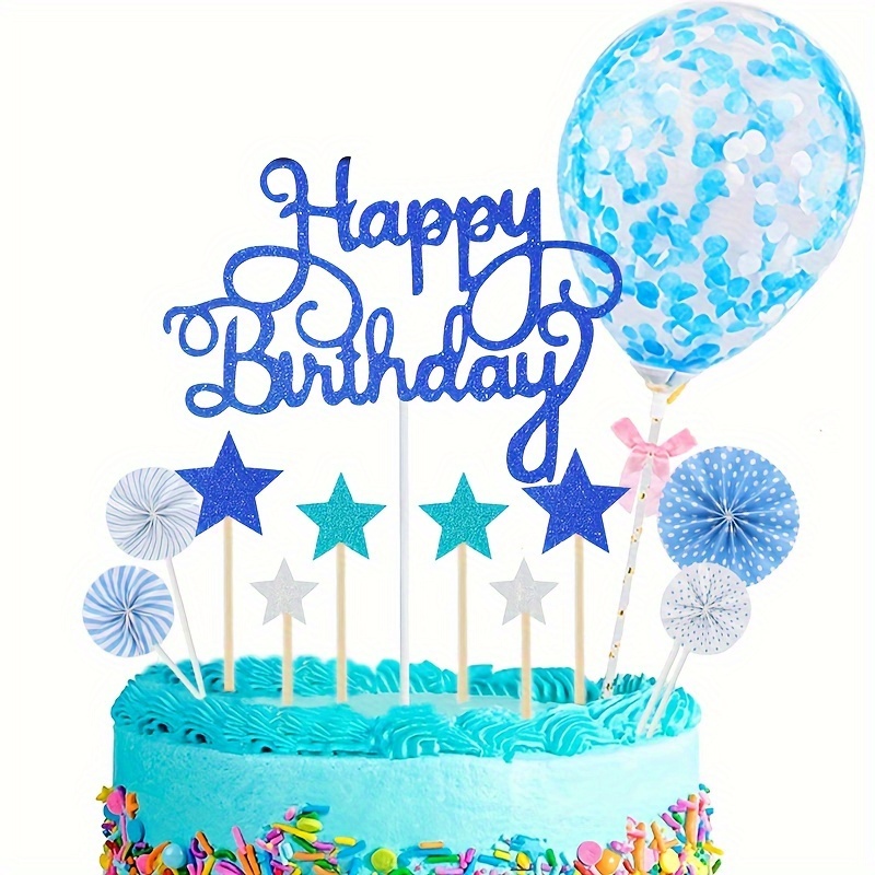 Topper azul para bolo masculino, decoração de feliz aniversário de