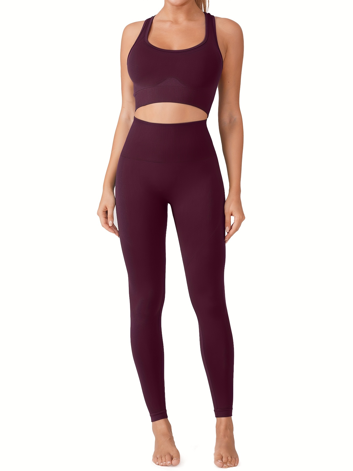 Solid Color Yoga Set Crew Neck Seamless Crop Top High Waist - Temu