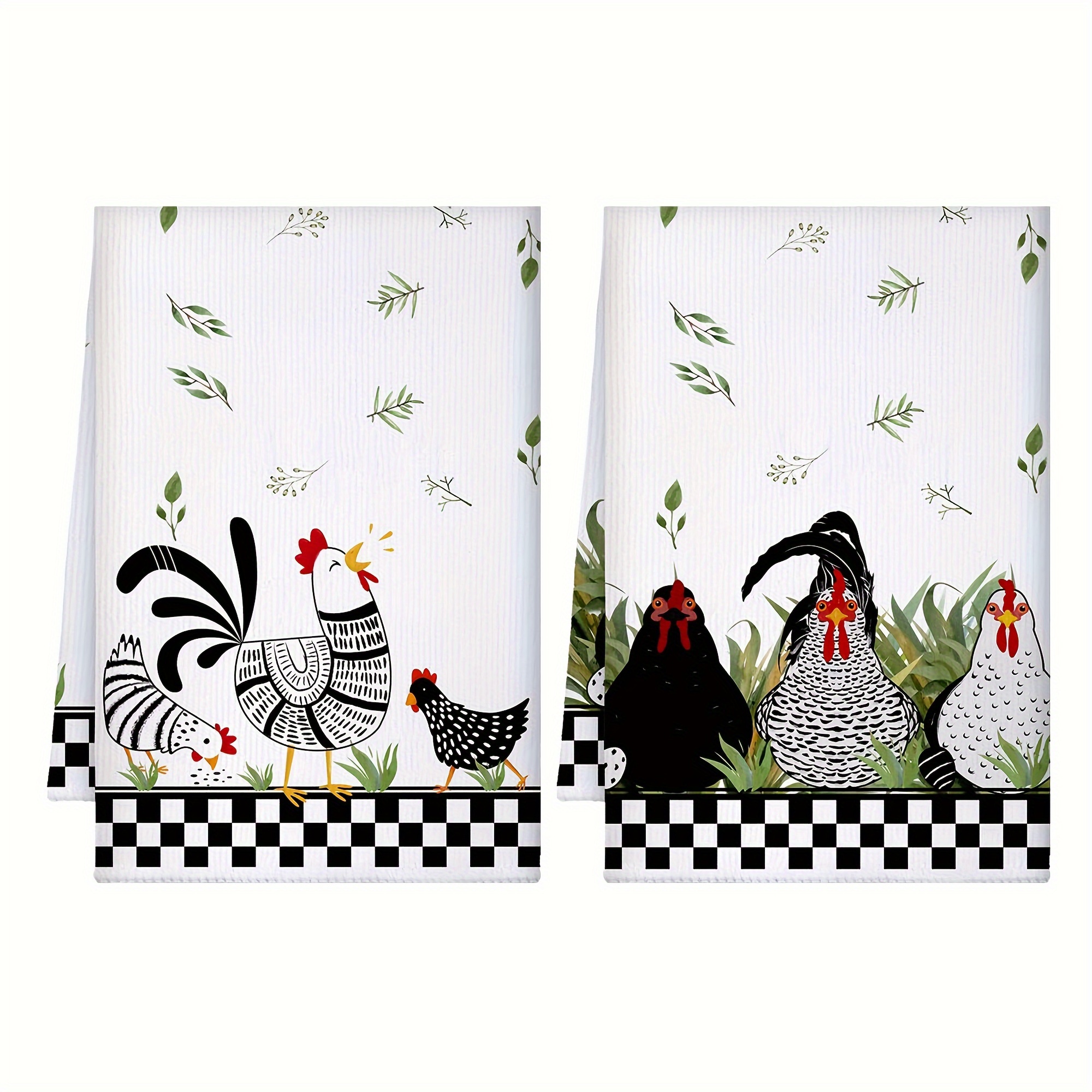 2pcs, Hand Towels, Rooster Hens Printed Kitchen Dish Towel Set, Farmhouse Rustic Style Decorative Scouring Pad, Ultra Absorbent Hand Drying Baking Cooking Cloth, Cleaning Stuff, Kitchen Supplies