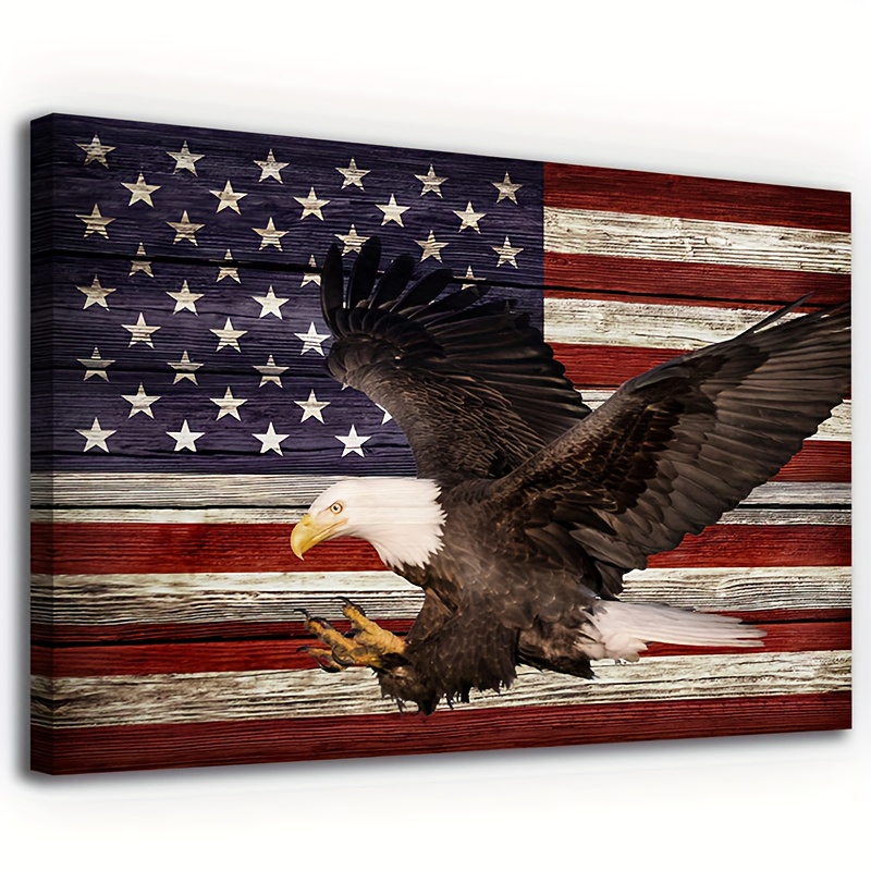 

1pc Rustic American Flag Canvas Wall Art Bald Eagle Pictures For Wall Decor Red White Blue Flag Of Usa Patriotic Painting Print For Living Room Bedroom Office Ready To Hang