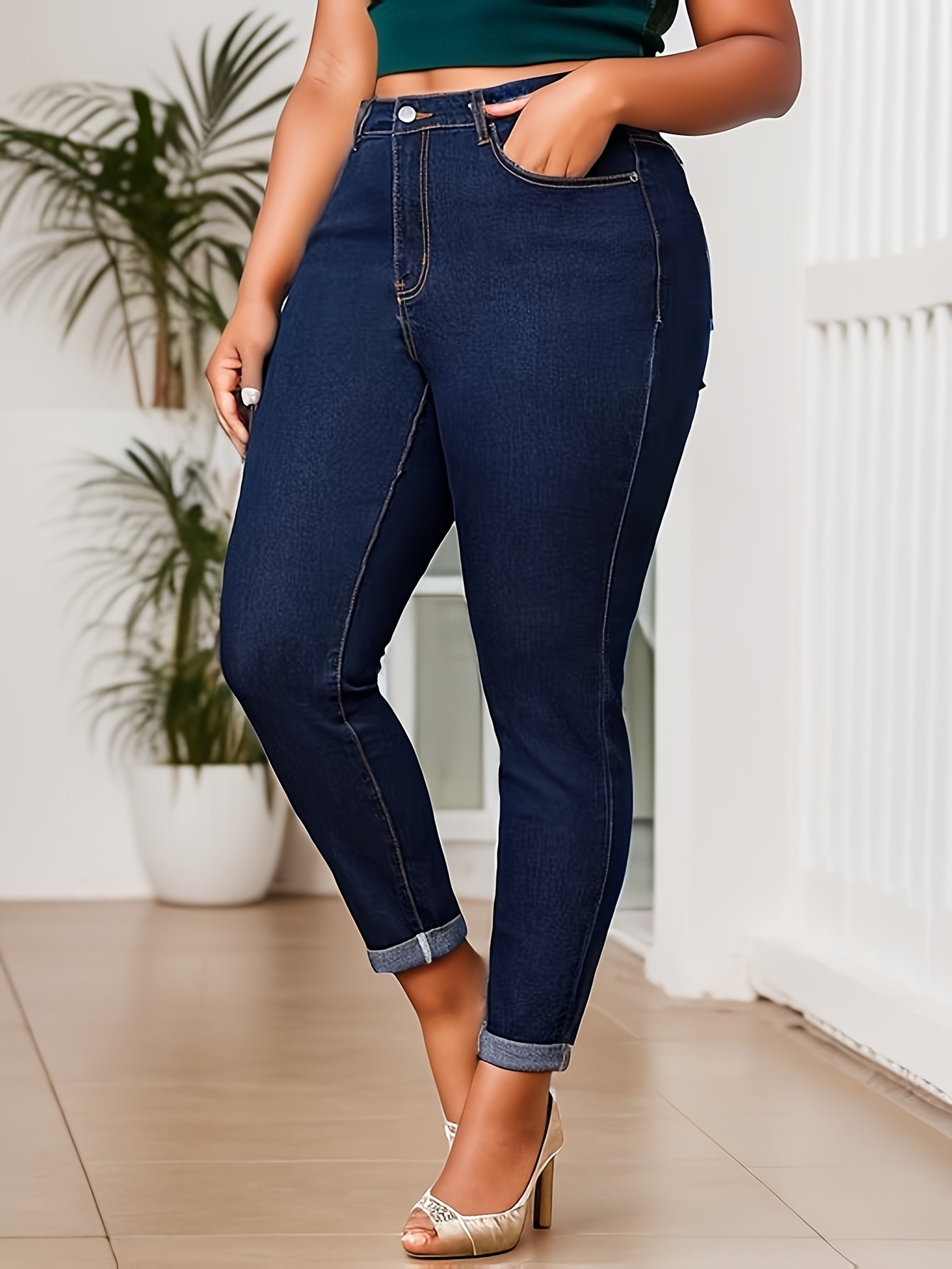 Plus Size Casual Jeans Women's Plus Solid Button Fly Wide - Temu