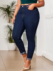 plus size casual jeans womens plus solid rolled button fly high rise medium stretch skinny jeans details 1