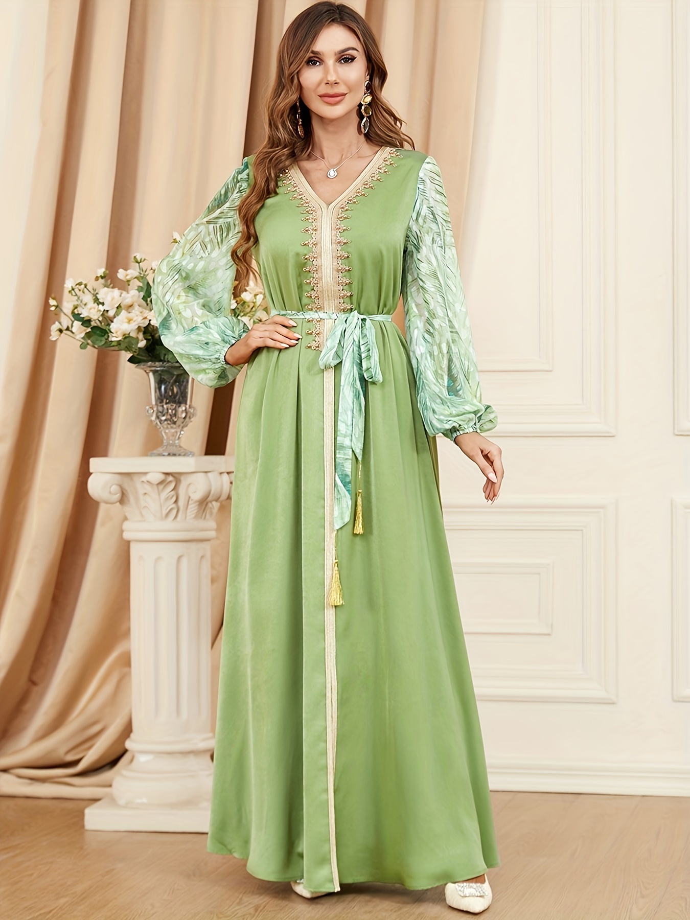 Gold Embroidered Kaftan Elegant Long Dress, Loose Maxi Vacation Dress For  Summer & Spring, Women's Clothing