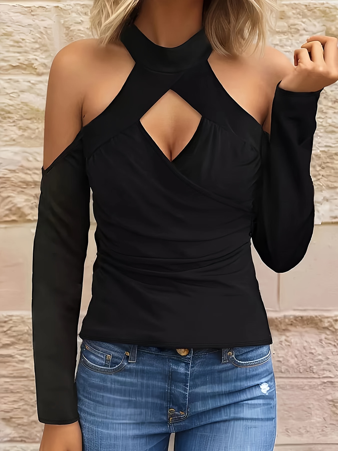 Ruched Keyhole Cold Shoulder T-Shirt, Casual Long Sleeve Top For Spring &  Fall, Women's Clothing