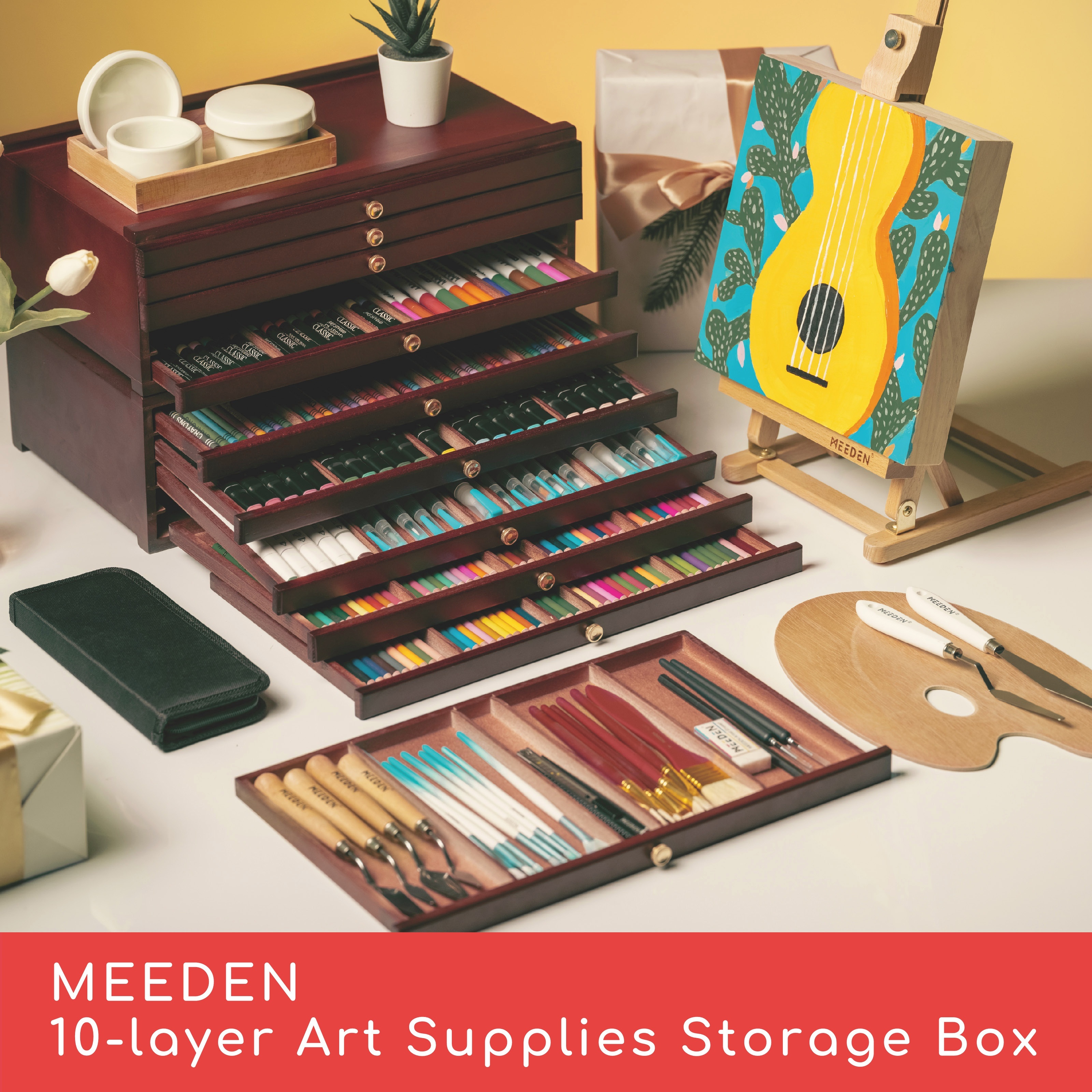 12 Drawer Beechwood Artist Storage Supply Tool Box - 7 Elements