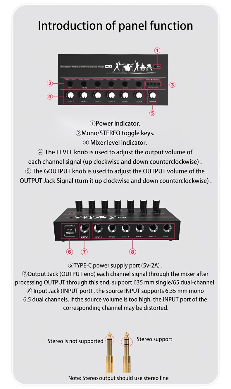  MOWEO Mini Stereo 6 Channel Passive Mixer RCA Portable Audio  Mixer 6 in 2 Out Stereo Distributor Volume Control No Battery Required :  Musical Instruments