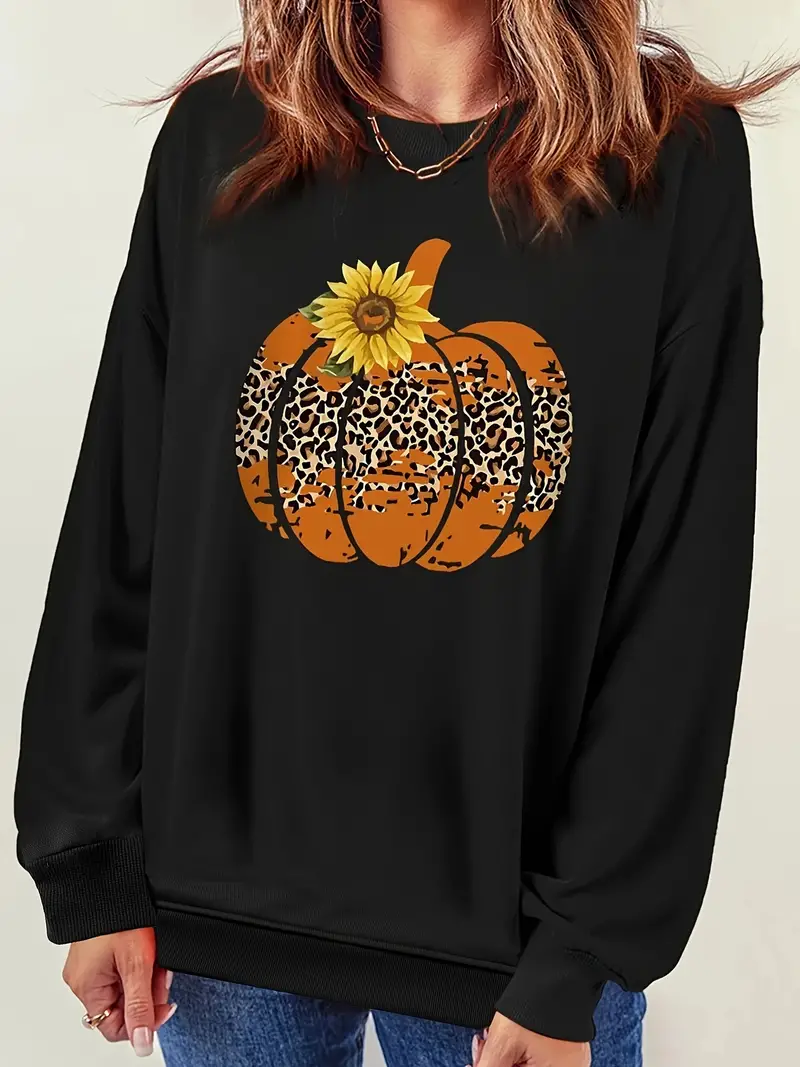 pumpkin sunflower print sweatshirt casual long sleeve crew neck sweatshirt womens clothing details 3
