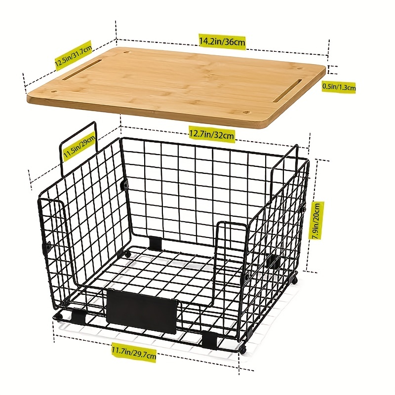  2 Set Stackable Wire Basket with Bamboo Top - Pantry