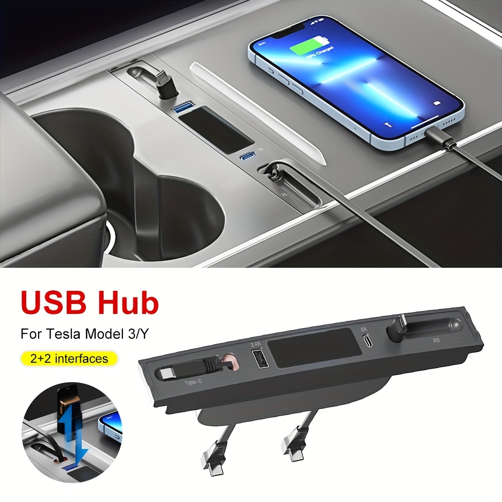Tesla USB Hub for Model 3/Y(2021/2022/2023) 100% Fit Center Console Docking  Station with 2 USB Port and 2 Type-C Port, (27W iPhone Fast Charging Cable