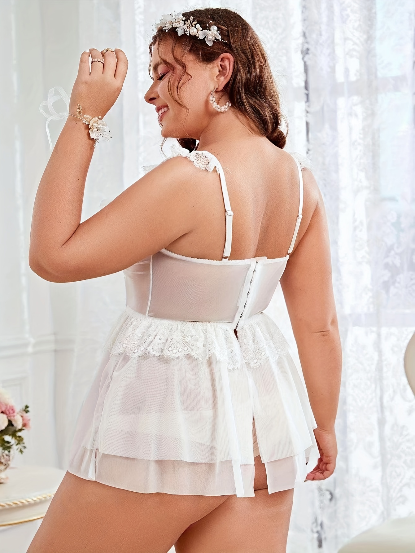 Plus Size Sexy Lingerie Set, Women's Plus Contrast Lace Trim Mesh Maid  Costume Slips With Thong 2pcs Set