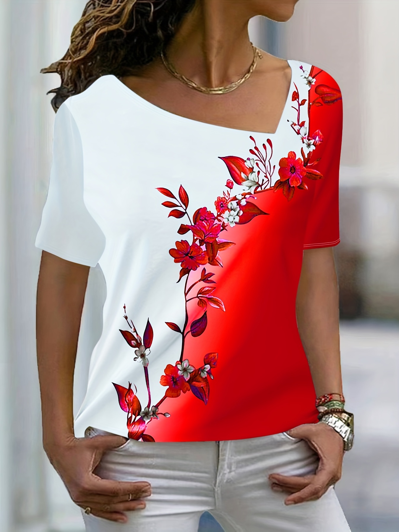 Floral Print Asymmetrical Neck T shirt Casual Short Sleeve T - Temu