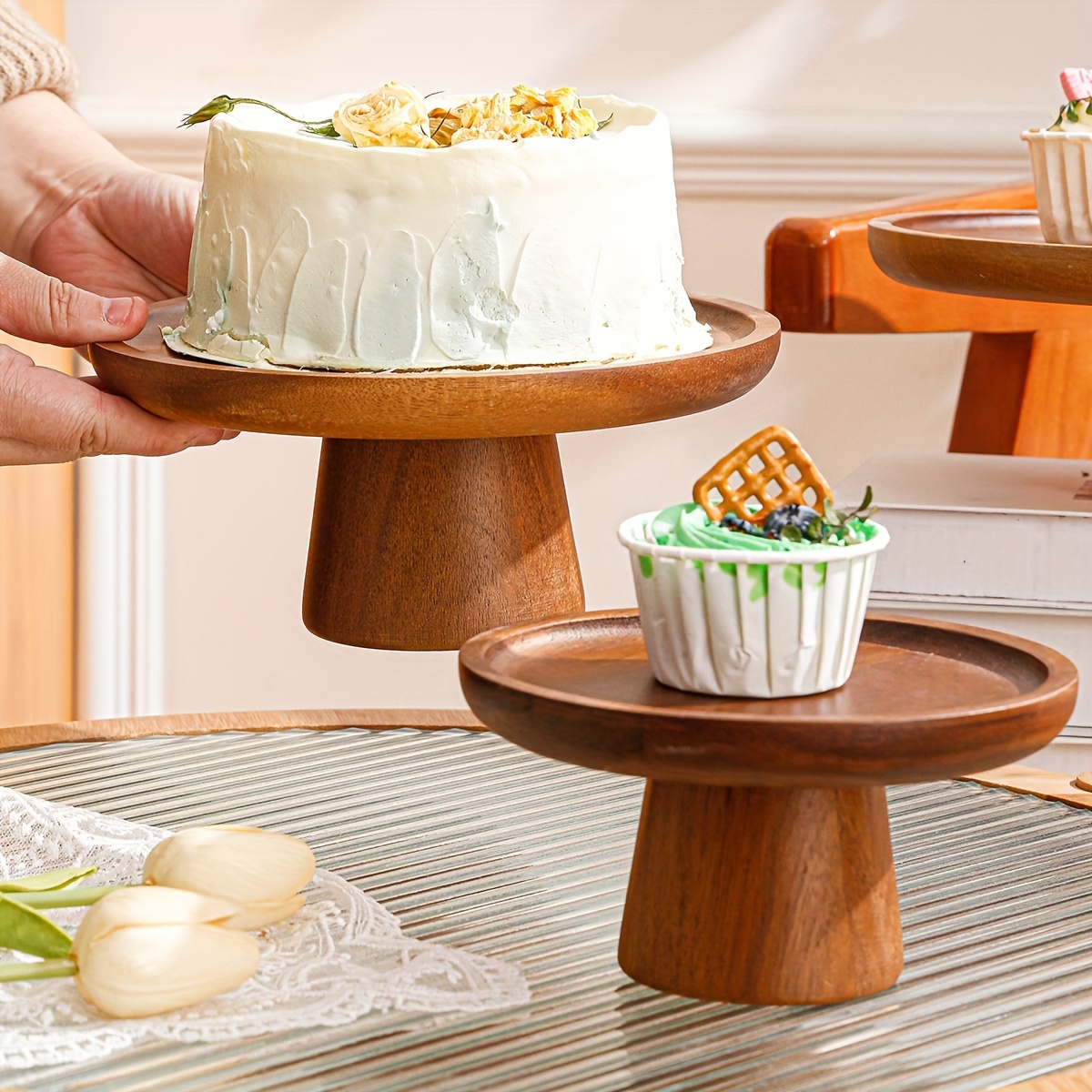 Wooden High Base Cake Stand Dessert Tray Fruit Dish Wedding - Temu