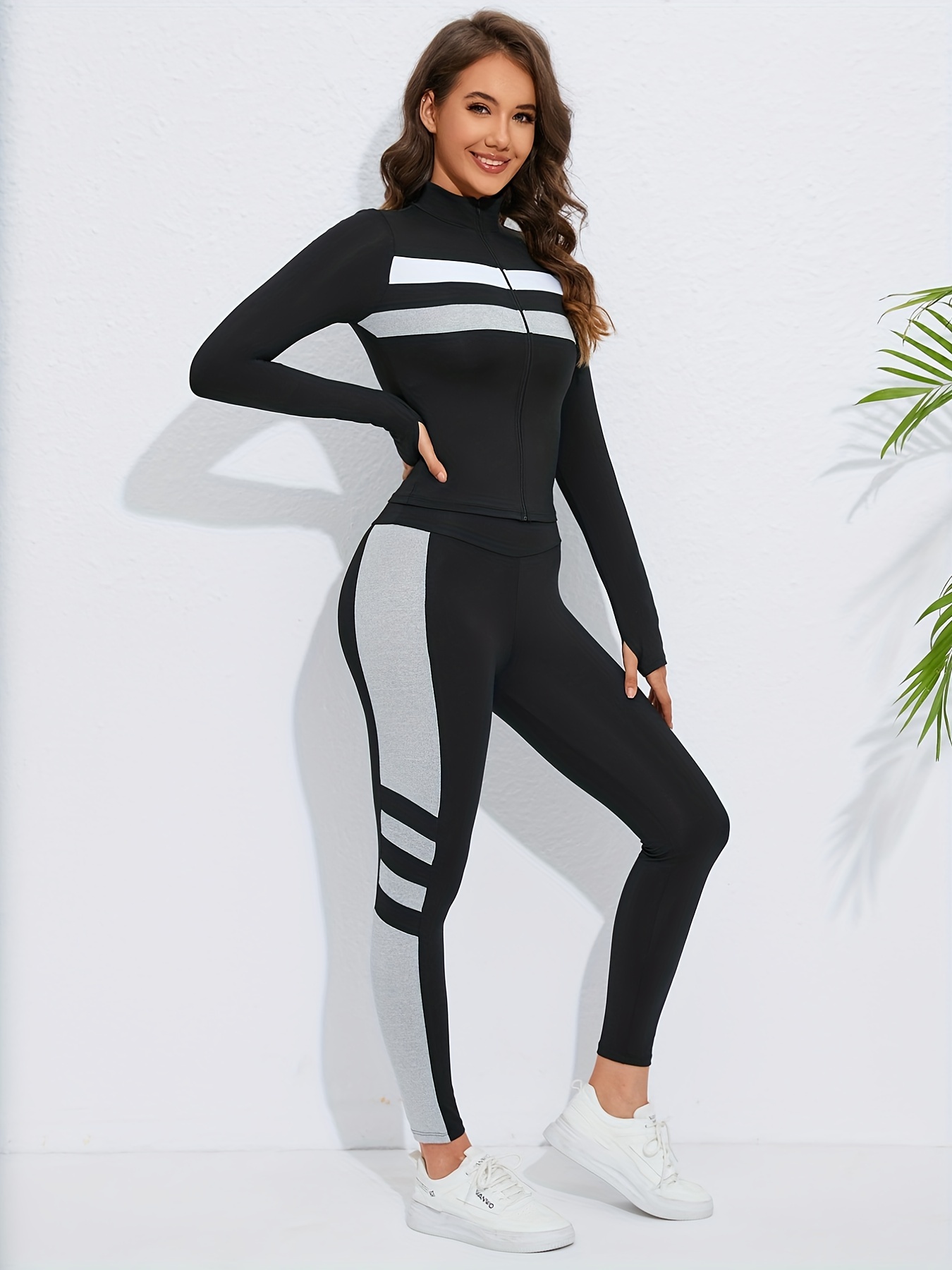 Solid Color Yoga Sets Long Sleeve Sports Top High Waisted - Temu