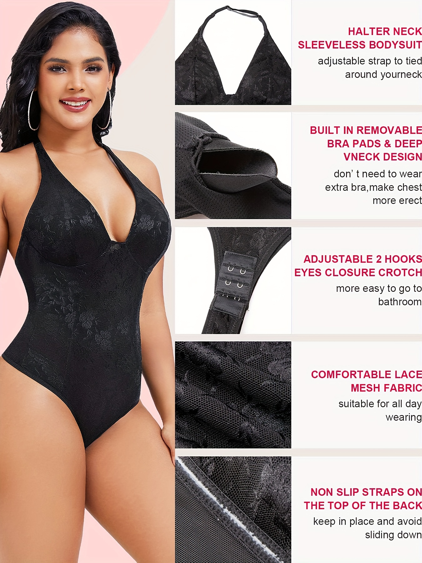 Contrast Lace Shaping Bodysuit Halter Tummy Control Slimmer - Temu