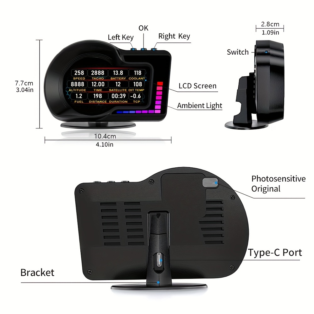 Aumotop Car HUD Headup Display Digital GPS Speedometer Dual System Display  with Speed/Clock/RPM/Water&Oil Temperature/Altitude/etc. Overspeed Alarm  Acceleration Test Brake Test