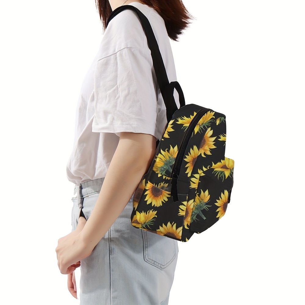 Sunflower Print Zipper Backpack Lightweight School Bag