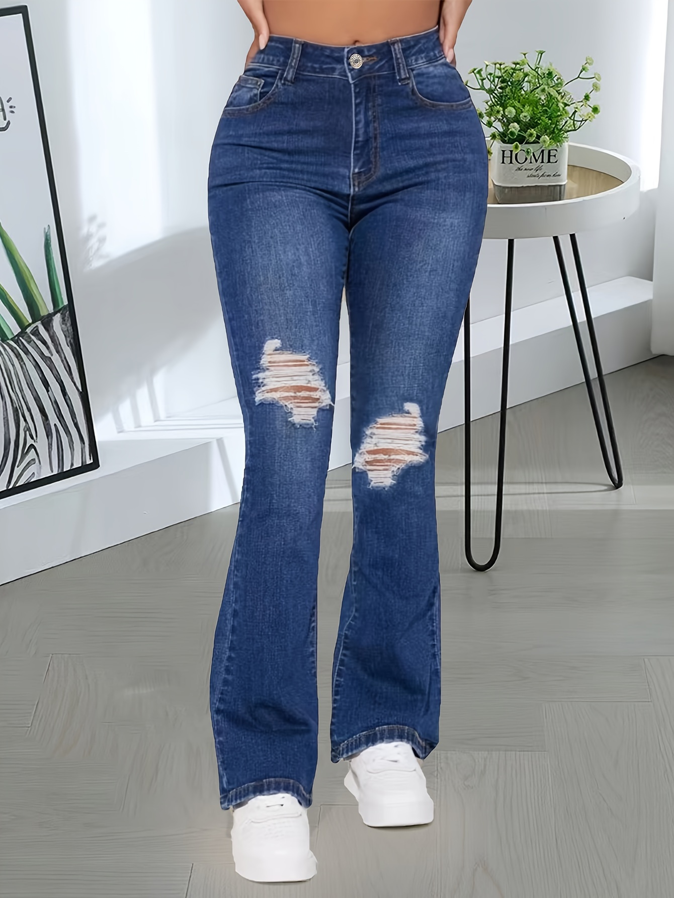 Dark Grey Ripped Holes Flared Jeans, Bell Bottom Wide Legs Niche Design  Denim Pants, Women's Denim Jeans & Clothing