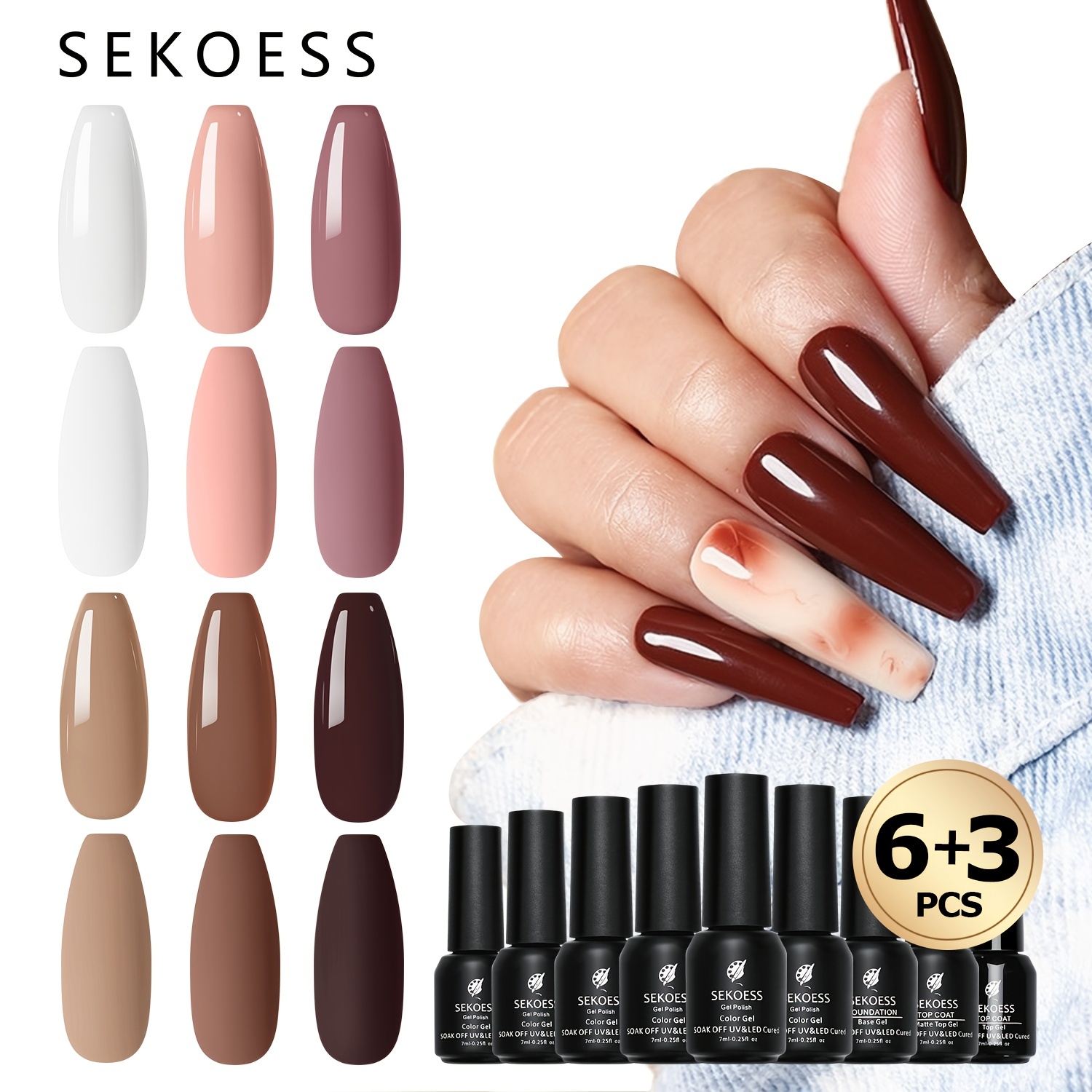 6+ Going Nude Brown Gel Polish Set With Base, Glossy & Matte Top