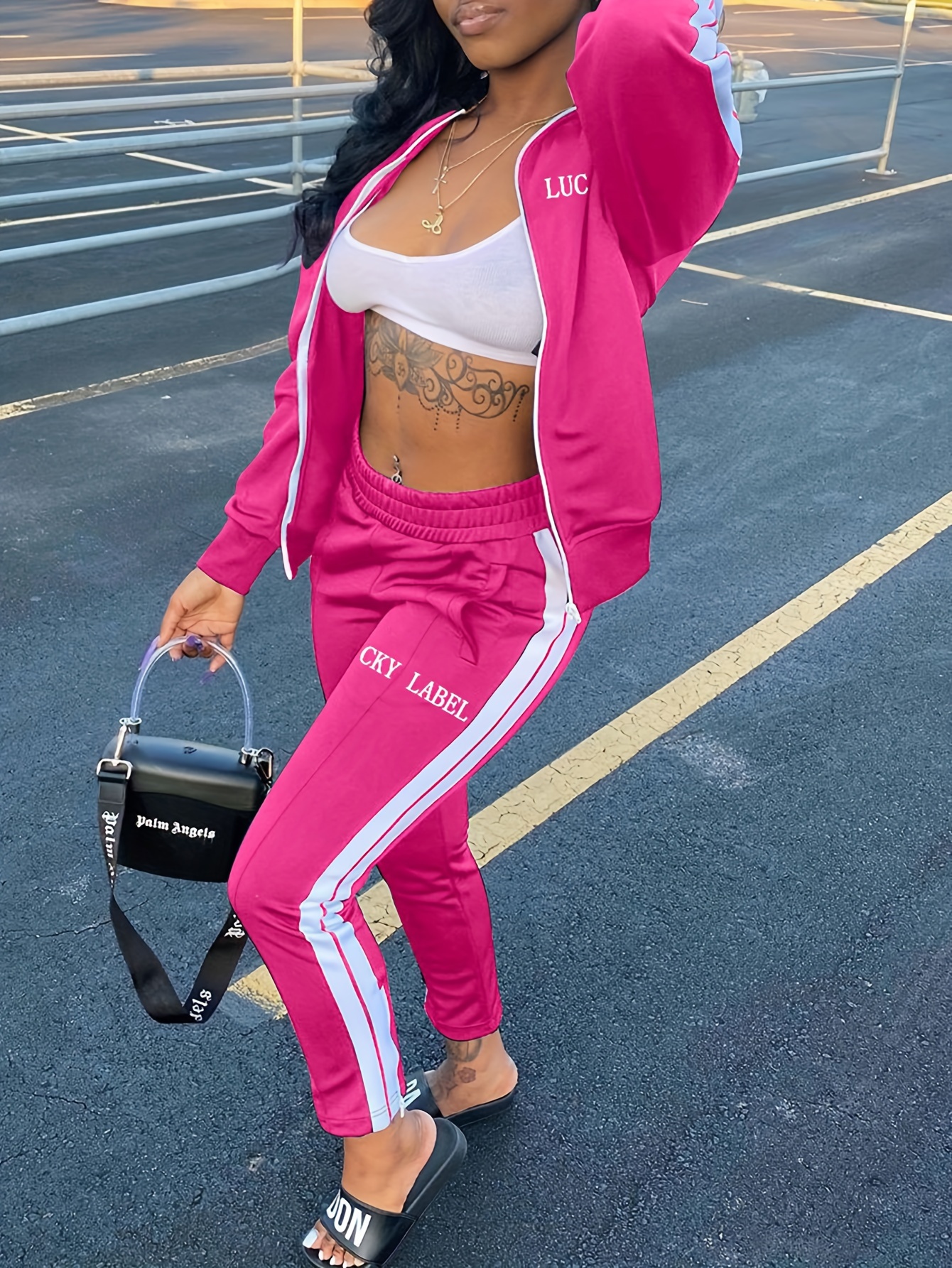 Polyester Zip Up Black and Pink Palm Angels Track Jacket - Jackets