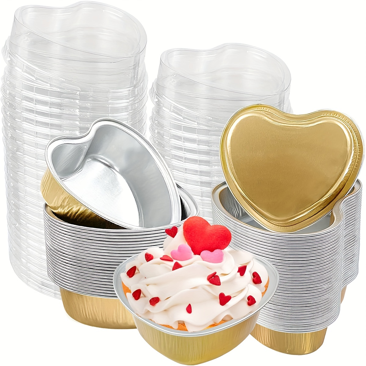 50pcs Aluminum Foil Cake Pan Heart Shaped Cupcake Cup With Lids