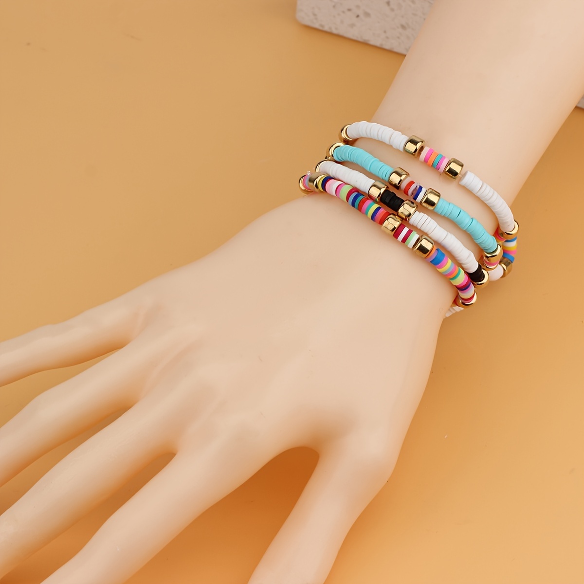 5pcs Boho Style Beaded Bracelet Set with Colorful Soft Clay Beads Stackable Hand String,Temu