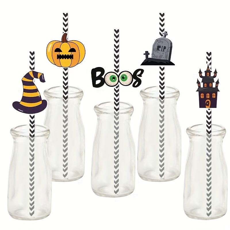9pcs/set Halloween Party Decoration Straw Toppers, Skull & Bat Design