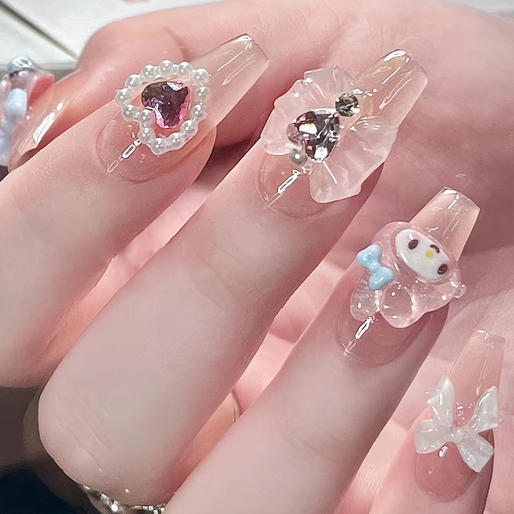 

24pcs Long Coffin Ballerina Press On Nails With Rhinestones And Pearls, Fake Nails,full Cover False Nails For Women And Girls