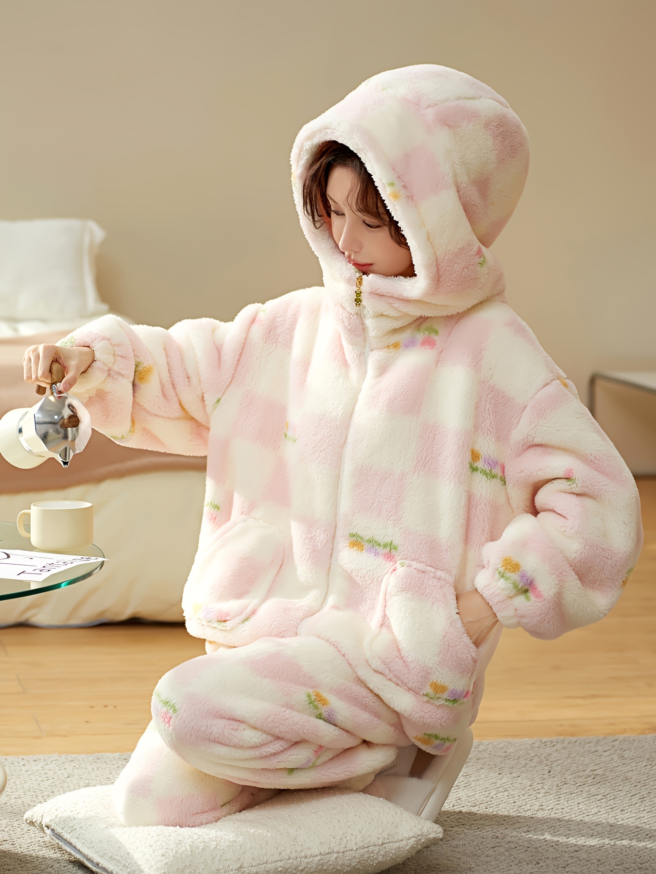 Floral Print Fuzzy Pajama Set Long Sleeve Zipper Hooded Top - Temu