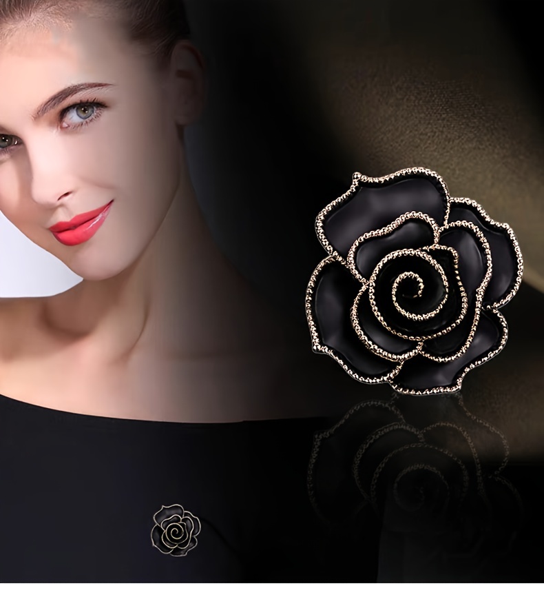 1pc Black / Red Camellia Flower Alloy Brooch Pin Inlaid Shiny Rhinestone Elegant Clothes Suit Sweater Brooch,Black,$1.49,free returns&free ship,Temu