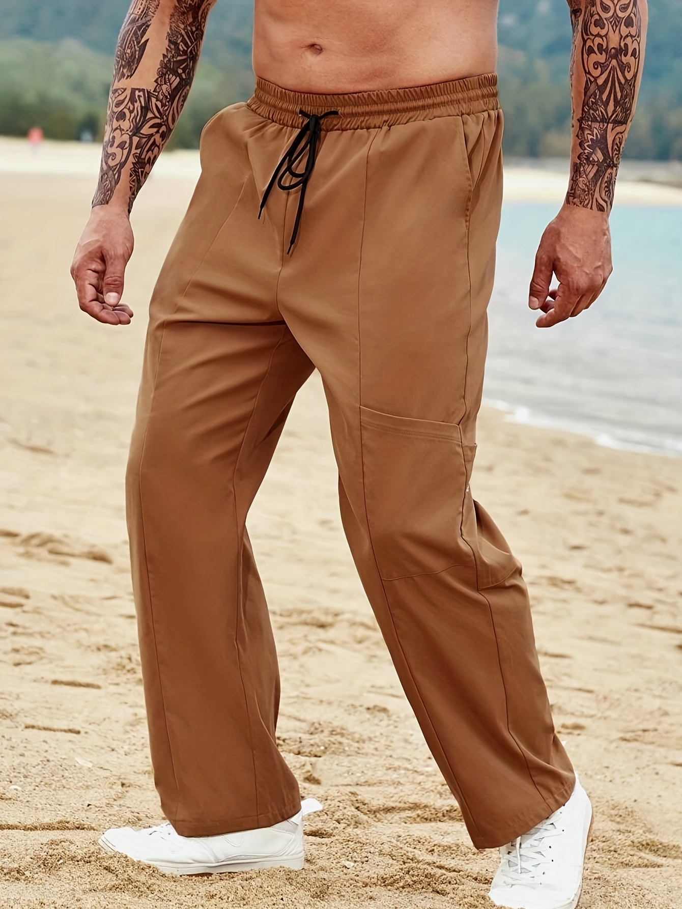 Brown Men'S Pants Men Spring And Summer Pant Casual All Match Solid Color  Painting Cotton Linen Loose Plus Size Trouser Fashion Beach Pockets Pant 