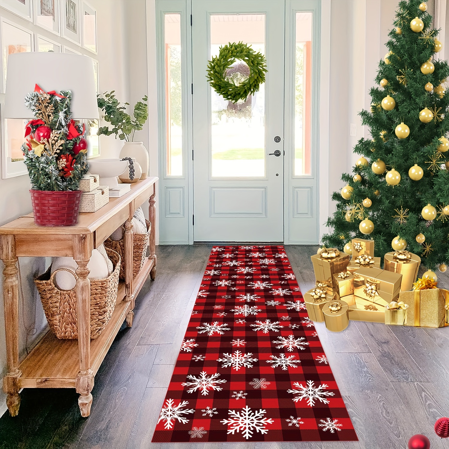Juego de 2 alfombras de cocina antideslizantes para cocina, color rojo,  árbol de Navidad, brillante, campo, invierno, casa de campo, alfombra