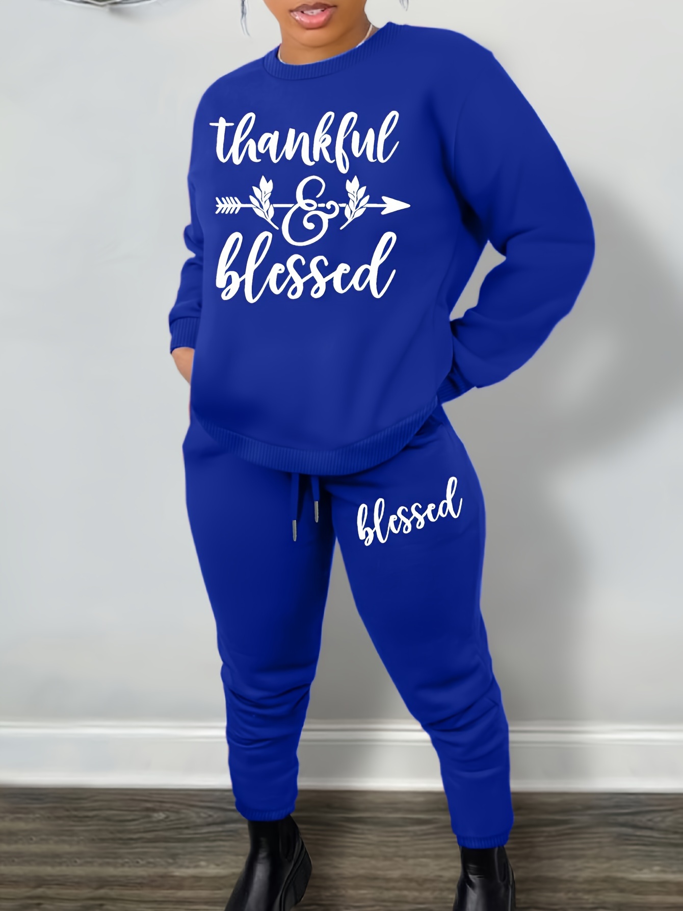 Blessed Print Casual Two piece Set Crew Neck Long Sleeve - Temu United  Kingdom