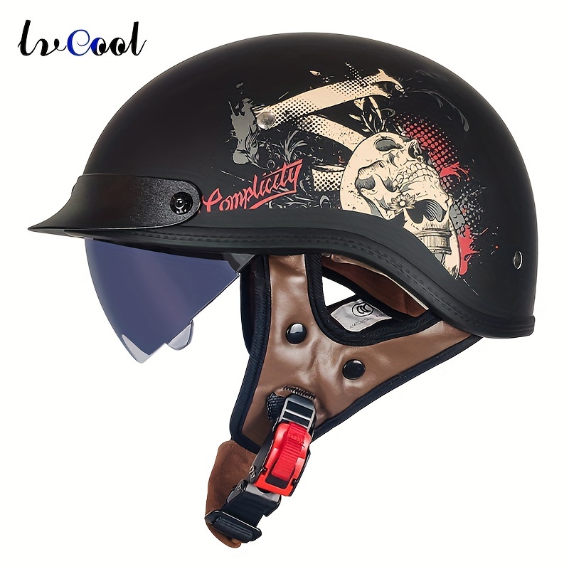 Casco de motocicleta de cuero sintético retro vintage medio casco Cruiser  scooter Touring casco moto DOT Sun Shield lente