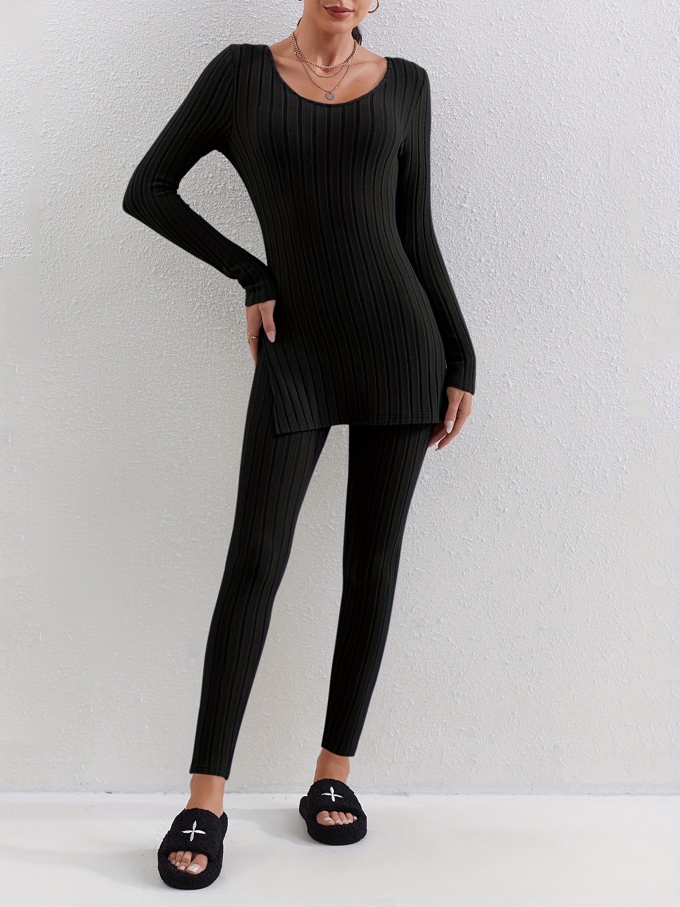 Ribbed Two piece Set Long Sleeve Side Split Top & Pants Outfits