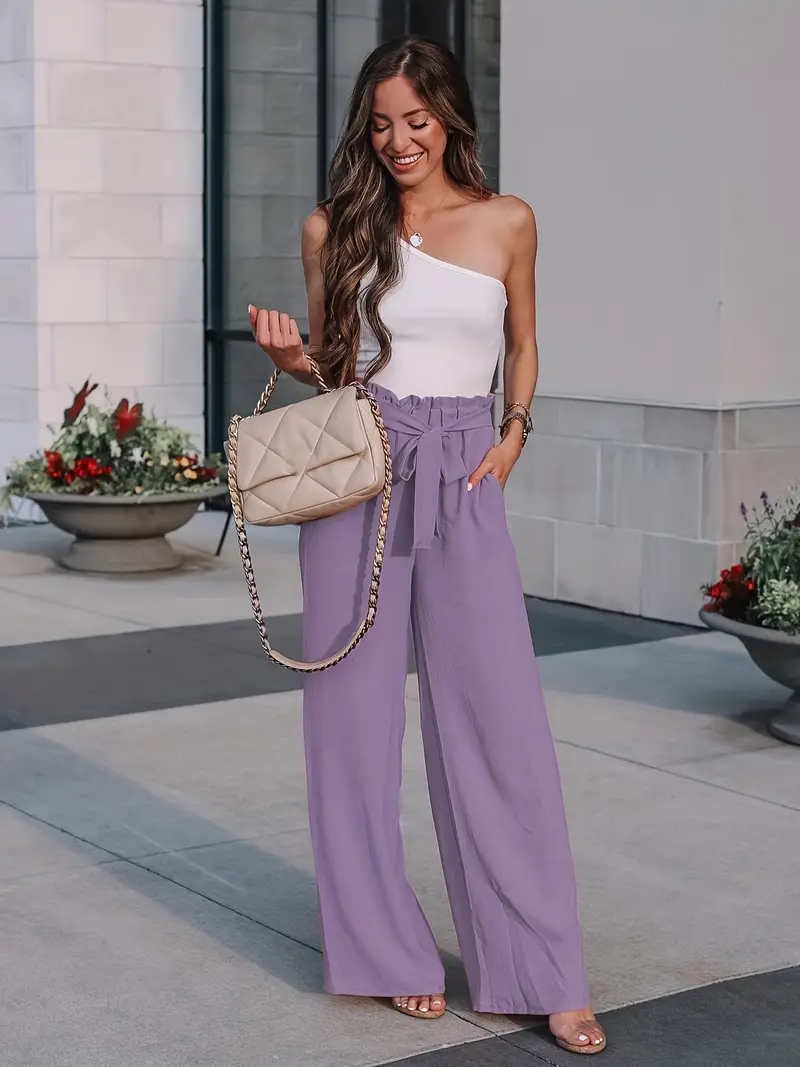 Casual Loose Lace Up Pants, Solid High Waist Fashion Wide Leg Pants,  Women's Clothing