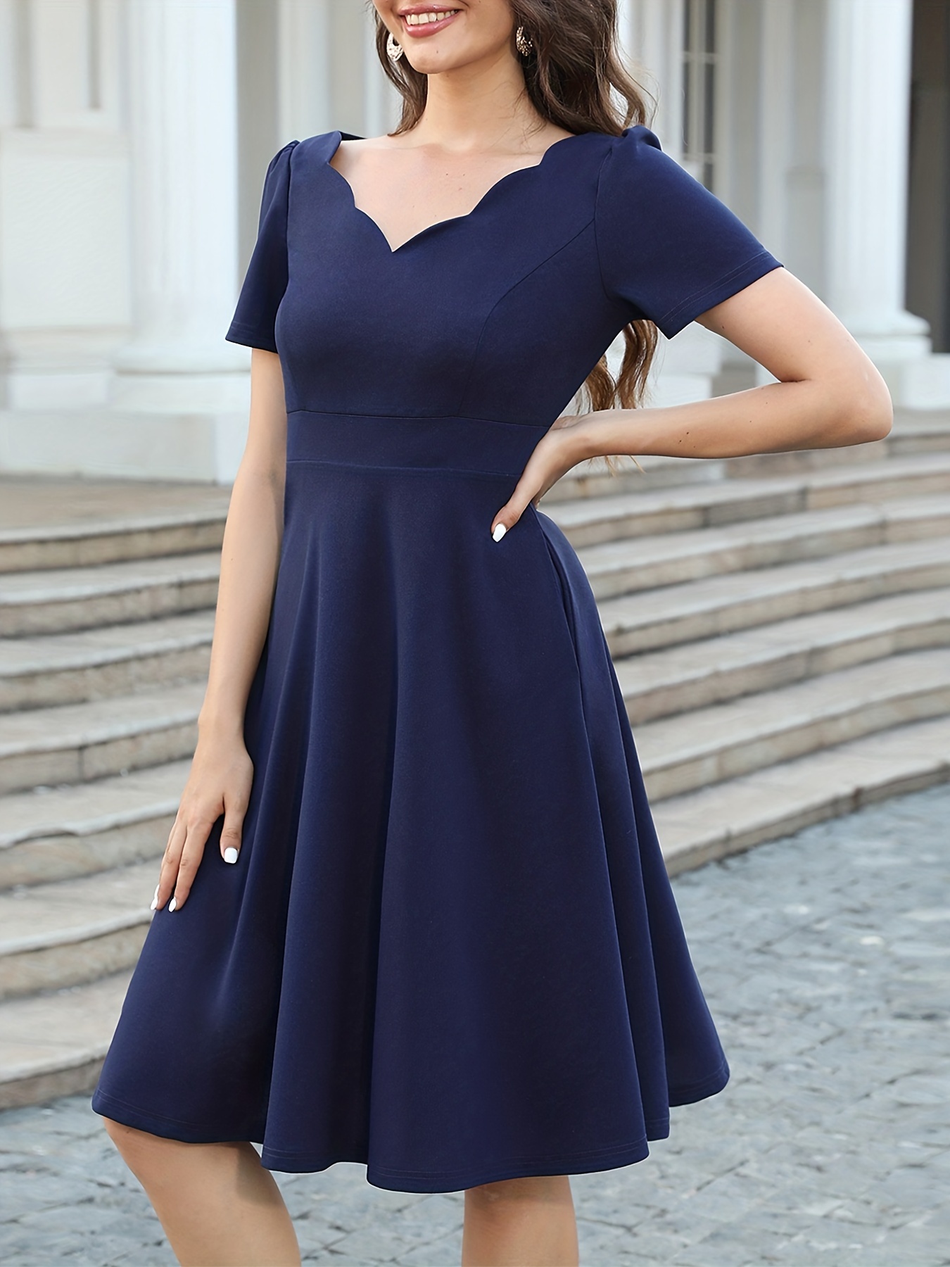 scallop trim solid dress elegant v neck short sleeve dress - Temu