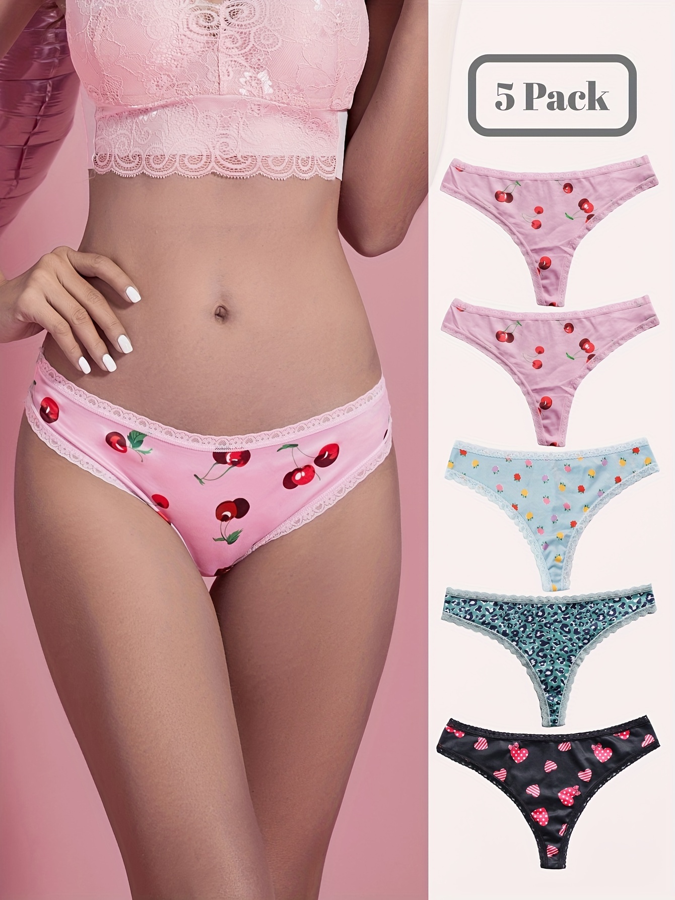5pcs Heart & Floral Print Thongs, Cute Comfy Lace Trim Intimates Panties,  Women's Lingerie & Underwear
