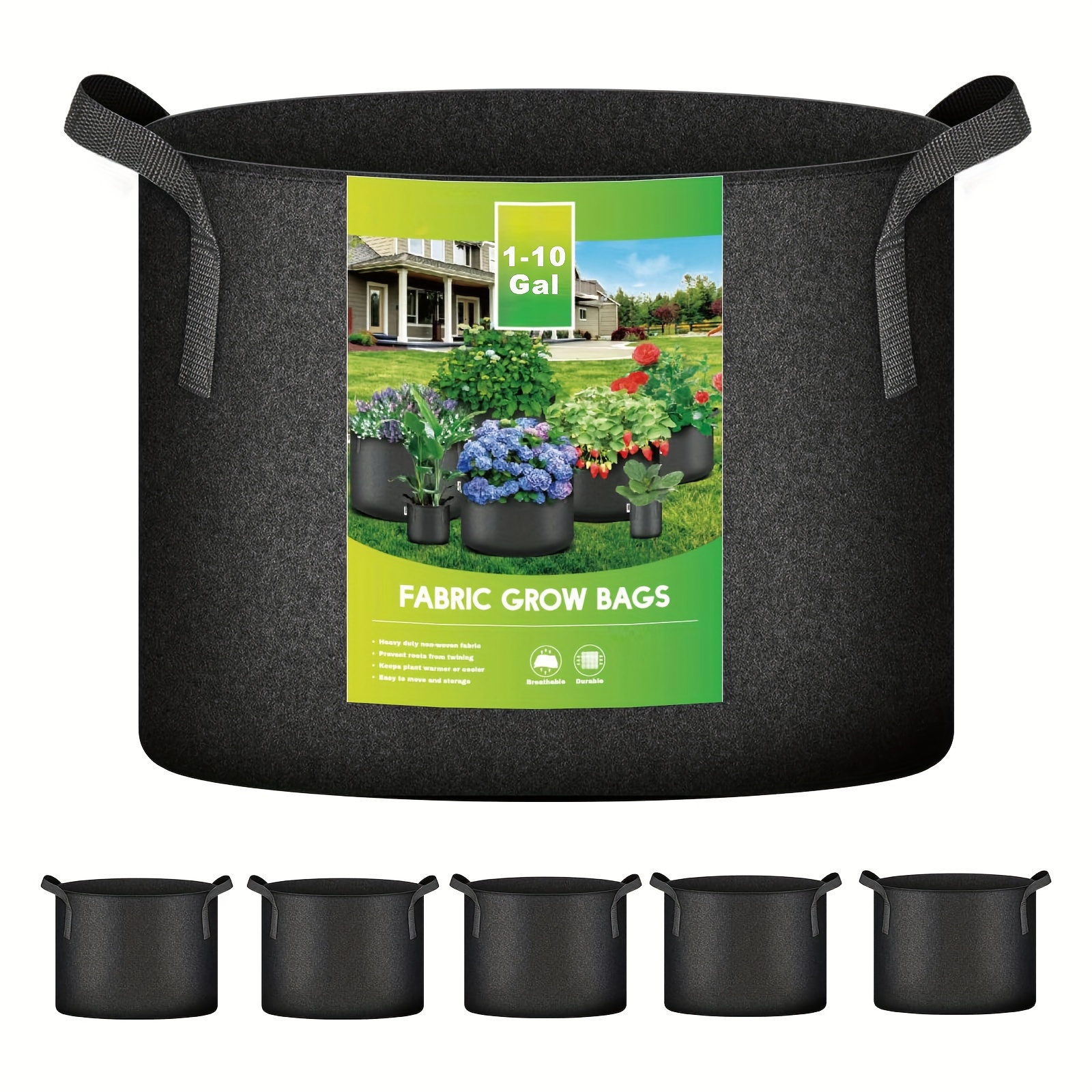 10 gal. Grey and Black Potato Grow Bags with Flap Lid, with Handles and Harvest Window (4-Pack), Black/ Grey