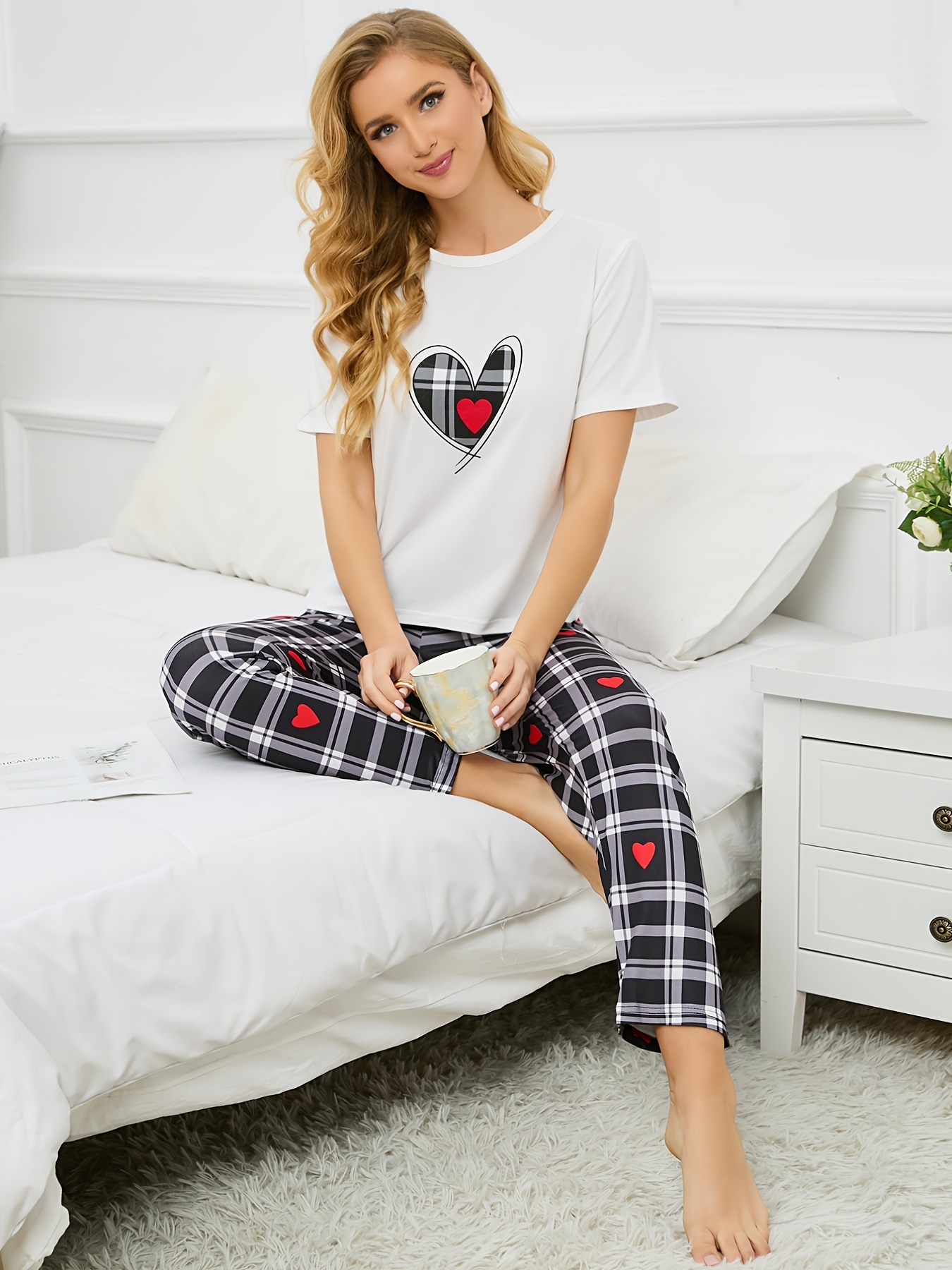 Cheap Women's Fashion Short Sleeve Round Neck Pullover Top Plaid Pants Set  Loose Comfortable Home Outfit Sleepwear Homewear Pajamas 2PCS