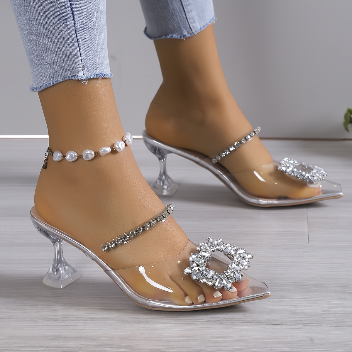 Women's Rhinestone Decor Heels Transparent Pointed Toe Slip - Temu Canada