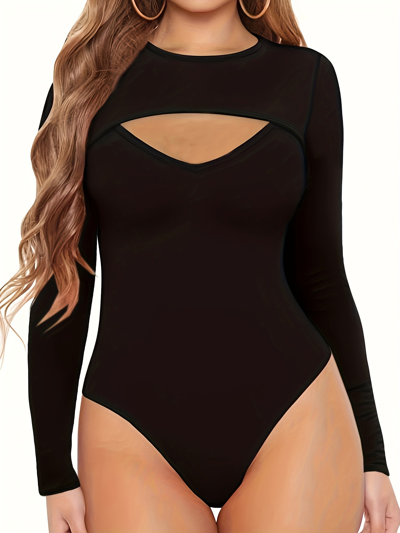 Plus Size Sexy Bodysuit, Women's Plus Solid Cut Out Front Long Sleeve Round  Neck Slim Fit Bodysuit