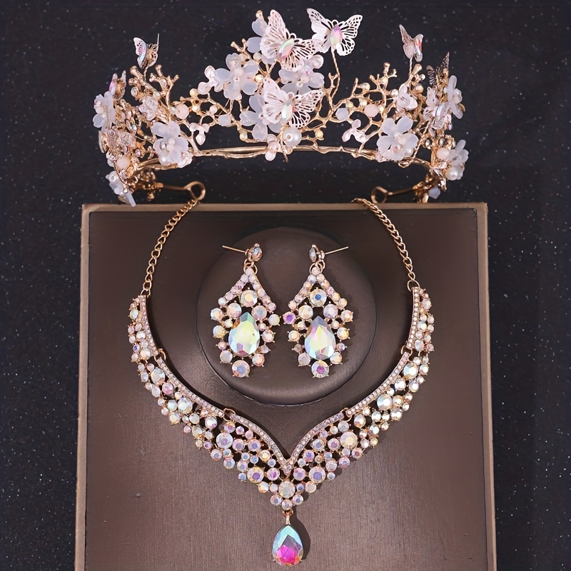 1pc Bridal Jewelry Set Glitter Crystal Hair Crown Rhinestone Earrings Sparkling Necklace Alloy Women Headdress Bridal Wedding Hair Accessories,Temu