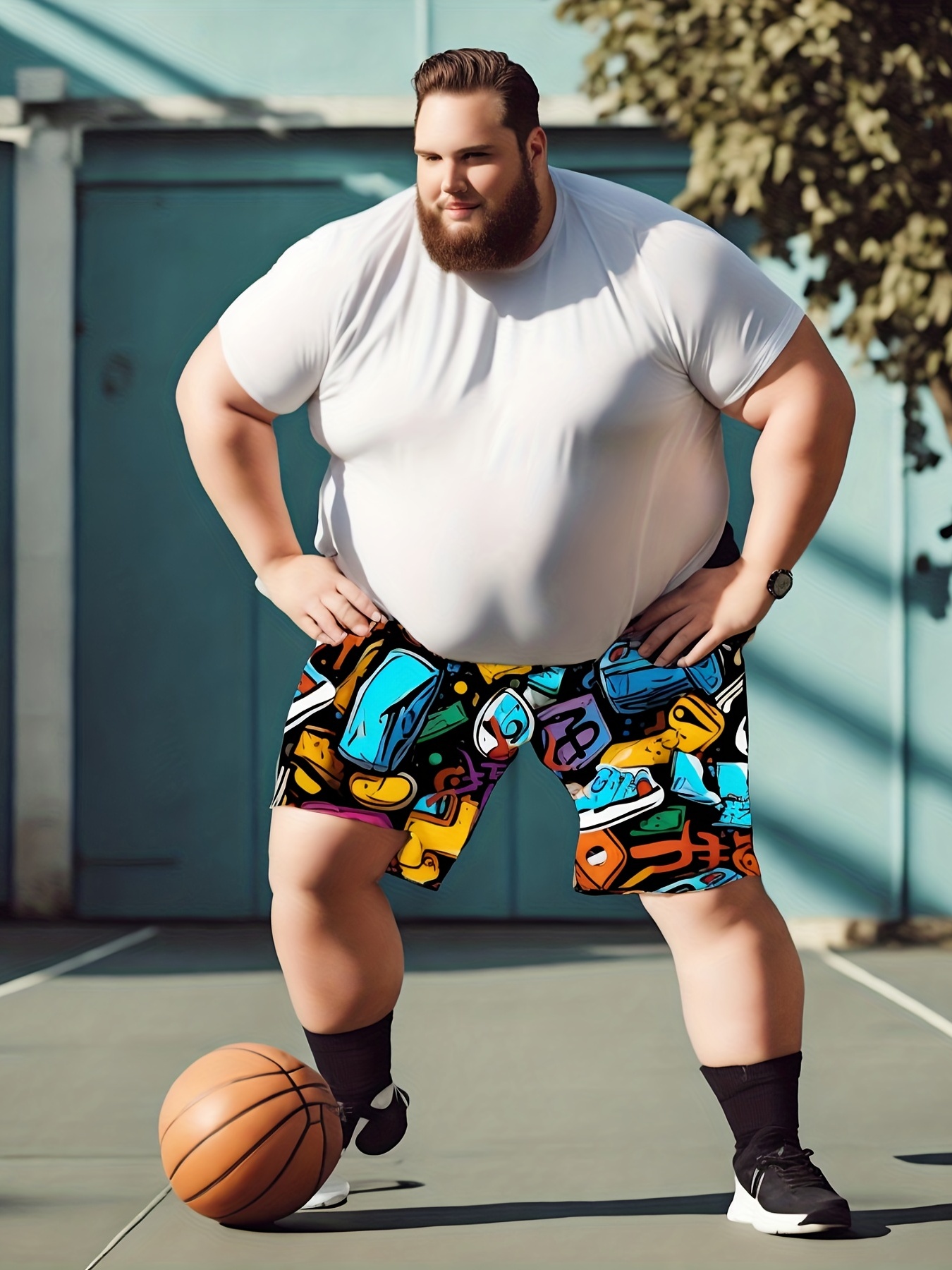 Men's Stylish Anime Caricature Graphic Print Shorts For Summer,  Basketball/running Shorts For Males, Plus Size