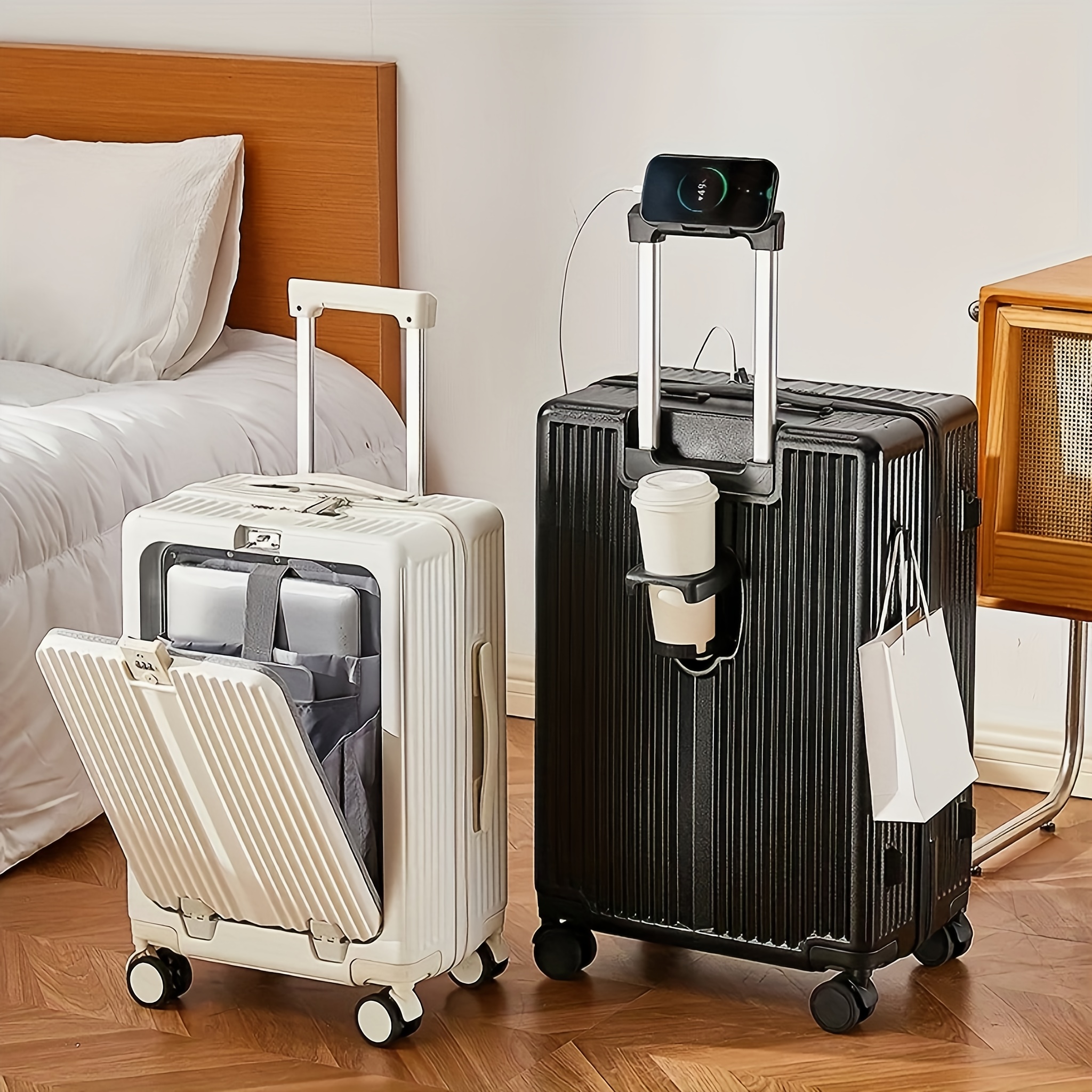 Versatile Suitcase Usb Charging Port + Cup Holder + Hook - Temu Australia