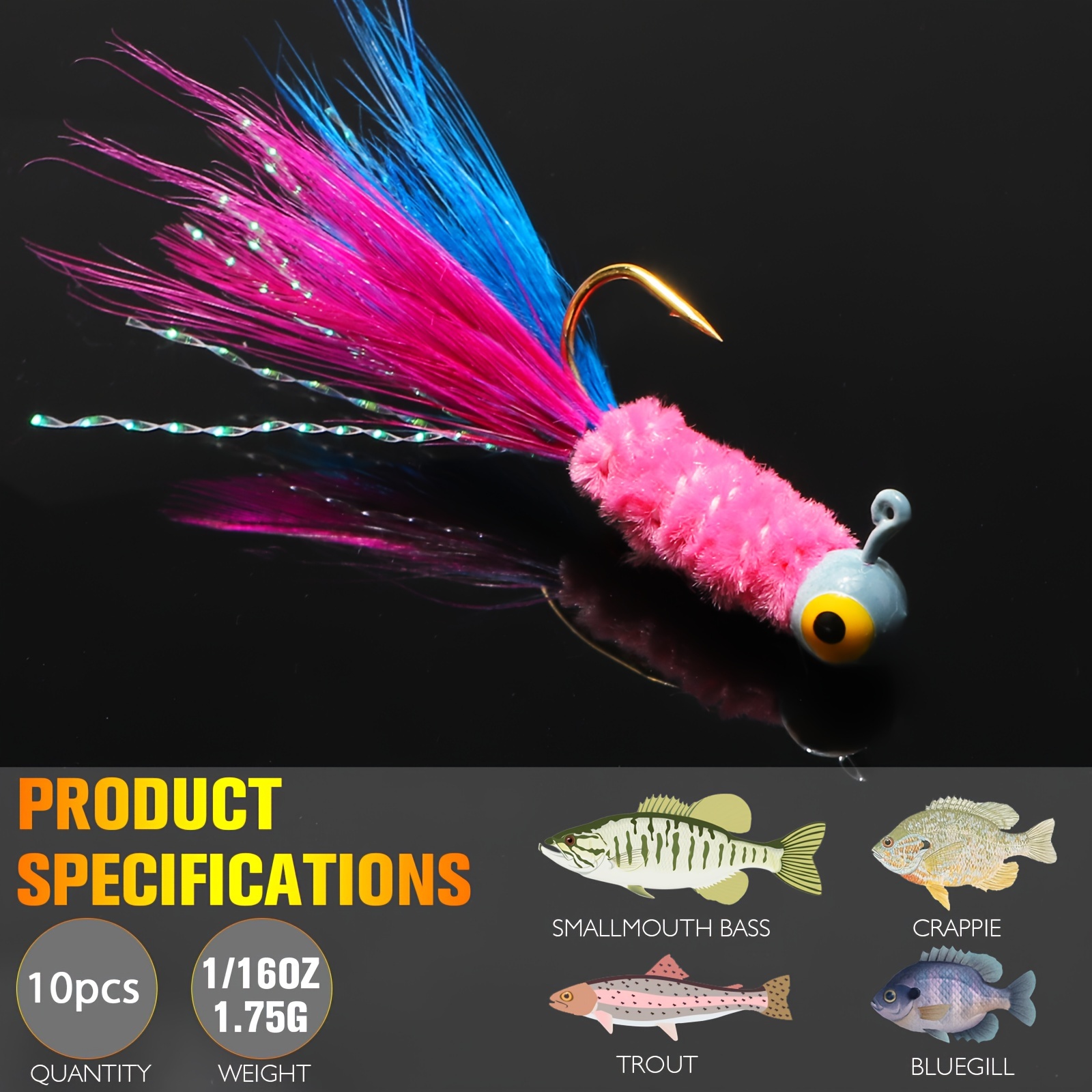 * 10pcs 0.8/1.75g (0.03/0.06oz ) Crappie Jigs, Jig Heads Fishing Bait With  Feather For Ice Or Fly Fishing, Fishing Hair Jigs For Panfish Sunfish