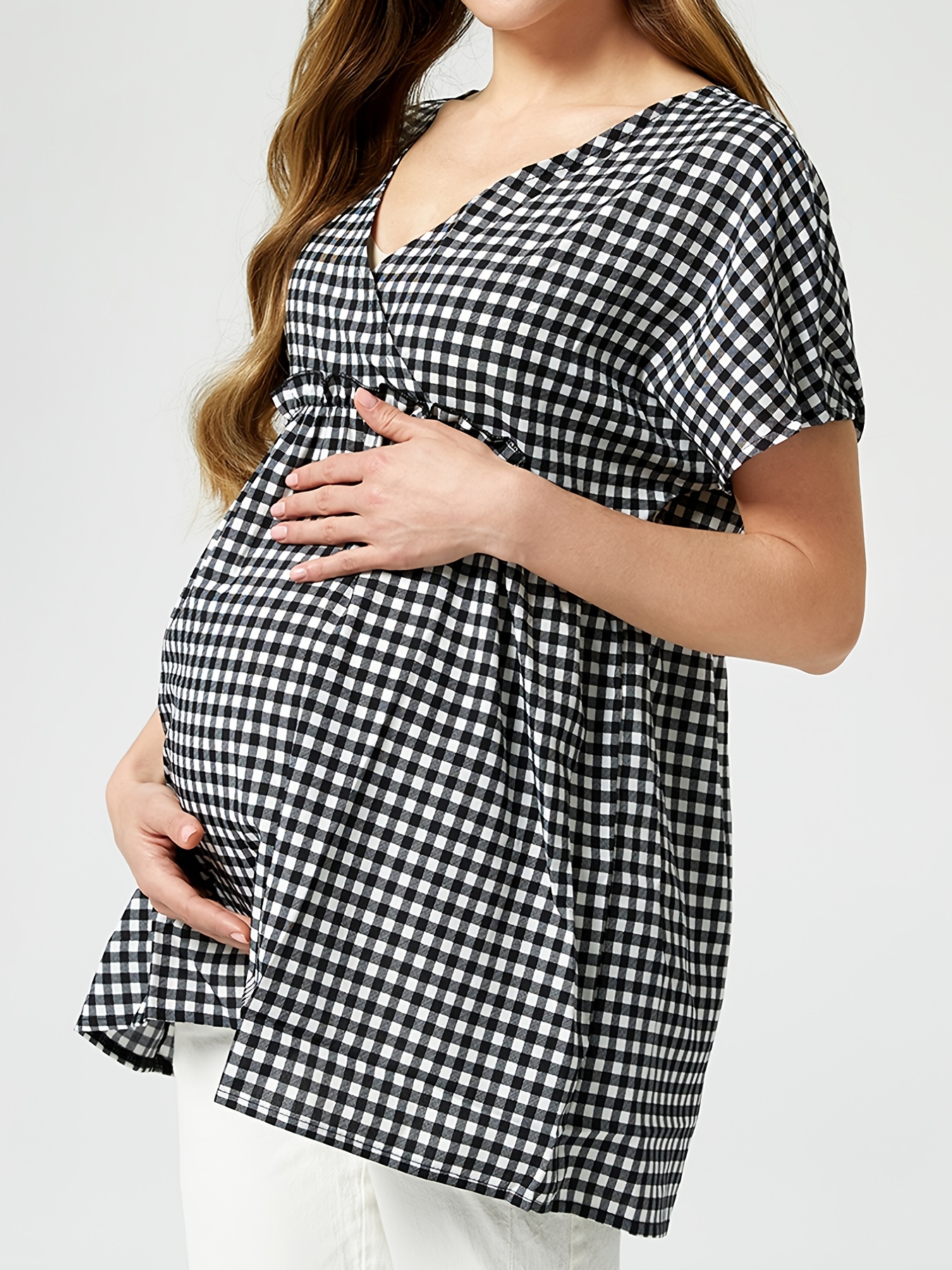 Stylish Plaid Maternity Nursing Shirt Top Elegant V Neck - Temu Canada