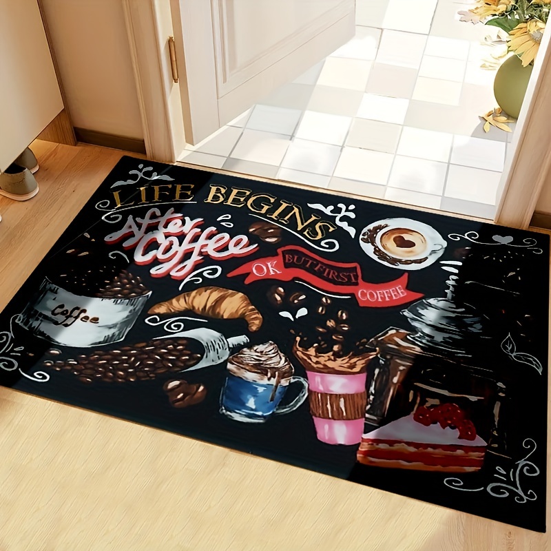 Coffee Kitchen Rugs Non-Slip Kitchen Mat Set of 2 Washable Kitchen Rug  Runner Rubber Backed Kitchen Floor Mats Coffee Decor