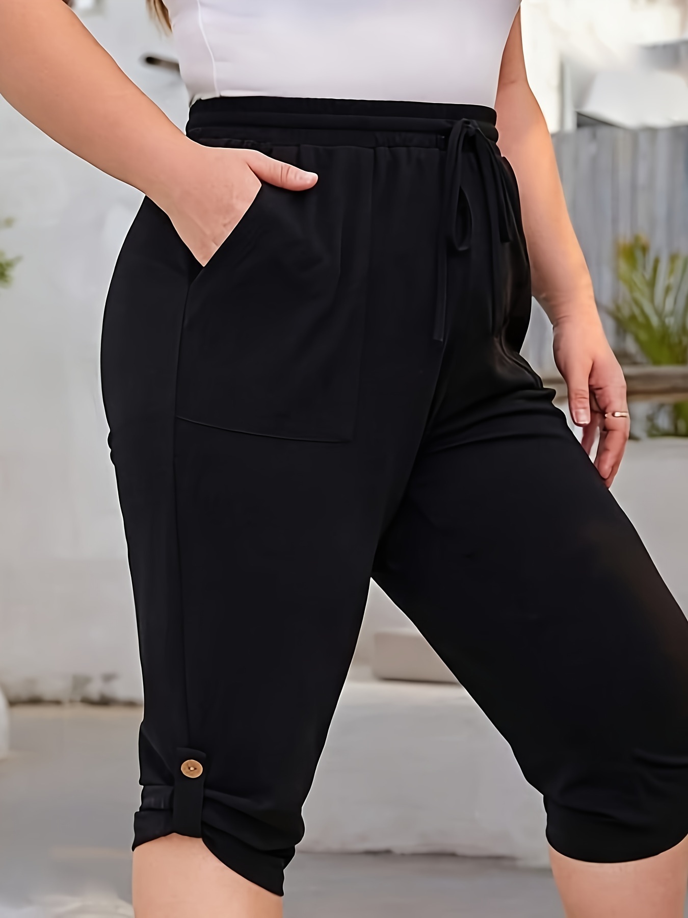 Solid Drawstring Cropped Pants, Versatile Comfy Cropped Pants, Women's  Clothing